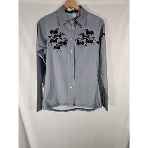Espoir Womens Navy White Striped Horse Embroidered Equestrian Button Down Small